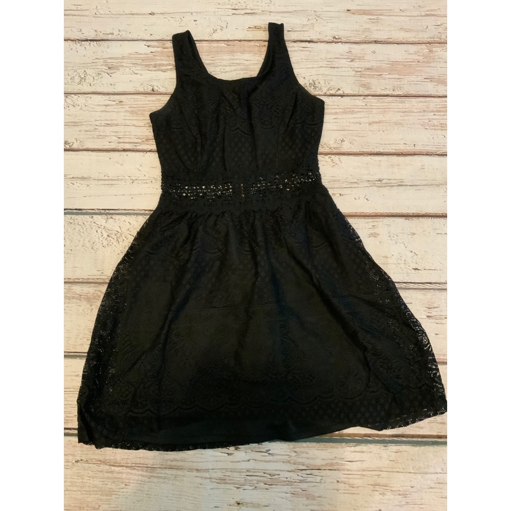 Xhilaration Black Lace Fit and Flare Dress Sleeveless Crochet Waist Detail XS‎